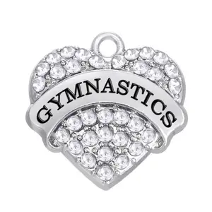 fashion crystal heart charm with engraved letters GYMNASTICS/RUNNER/RATCHET