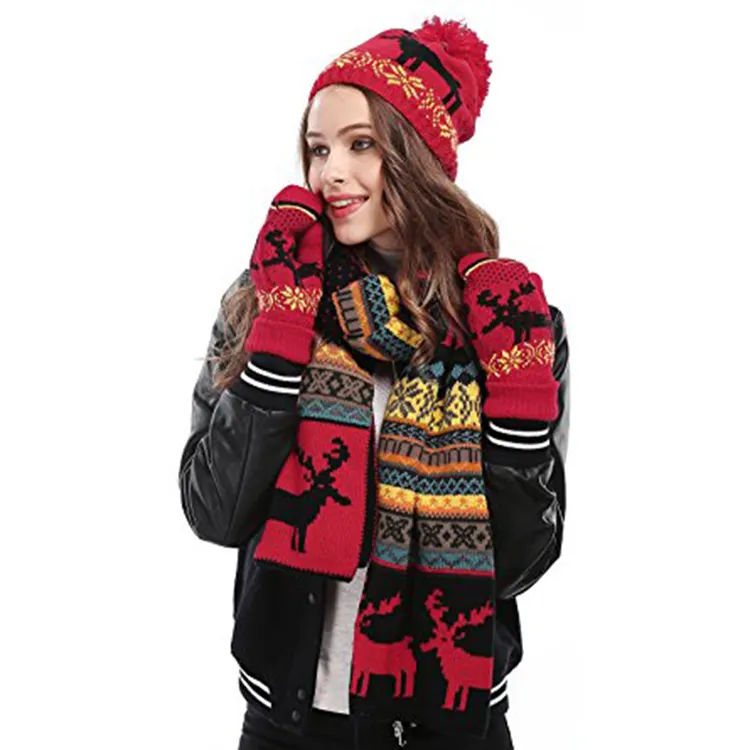 Women Girls Knitted Beanie Hat Scarf Gloves Warm Autumn Winter Thermal Set