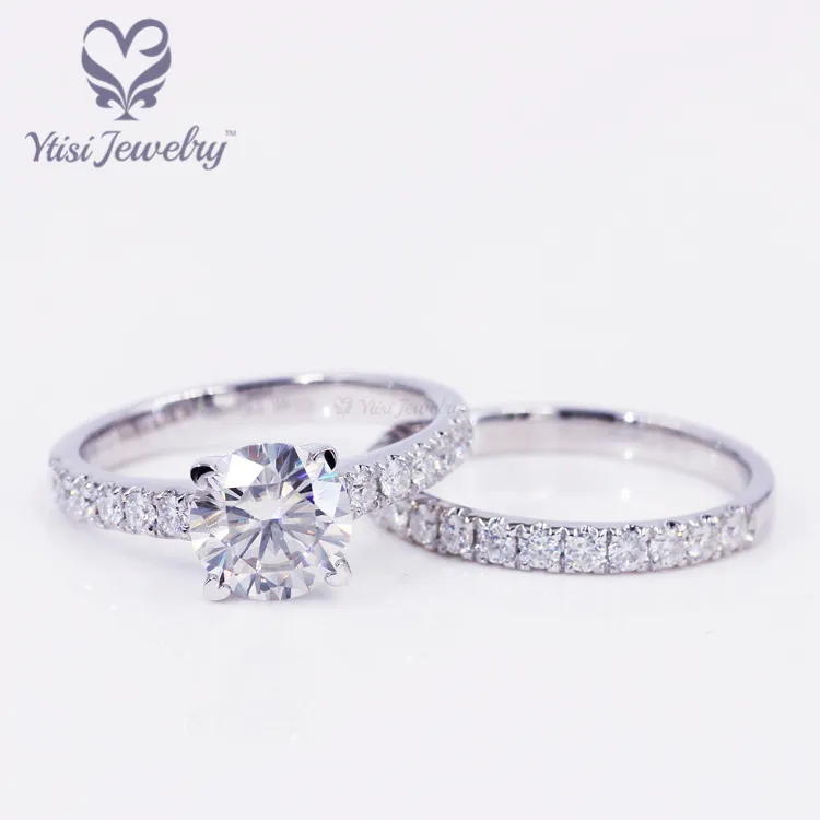 Anel de casamento de ouro branco 14k, conjunto de anel de casamento 2ct arredondado h & a corte moissanite, anel feminino