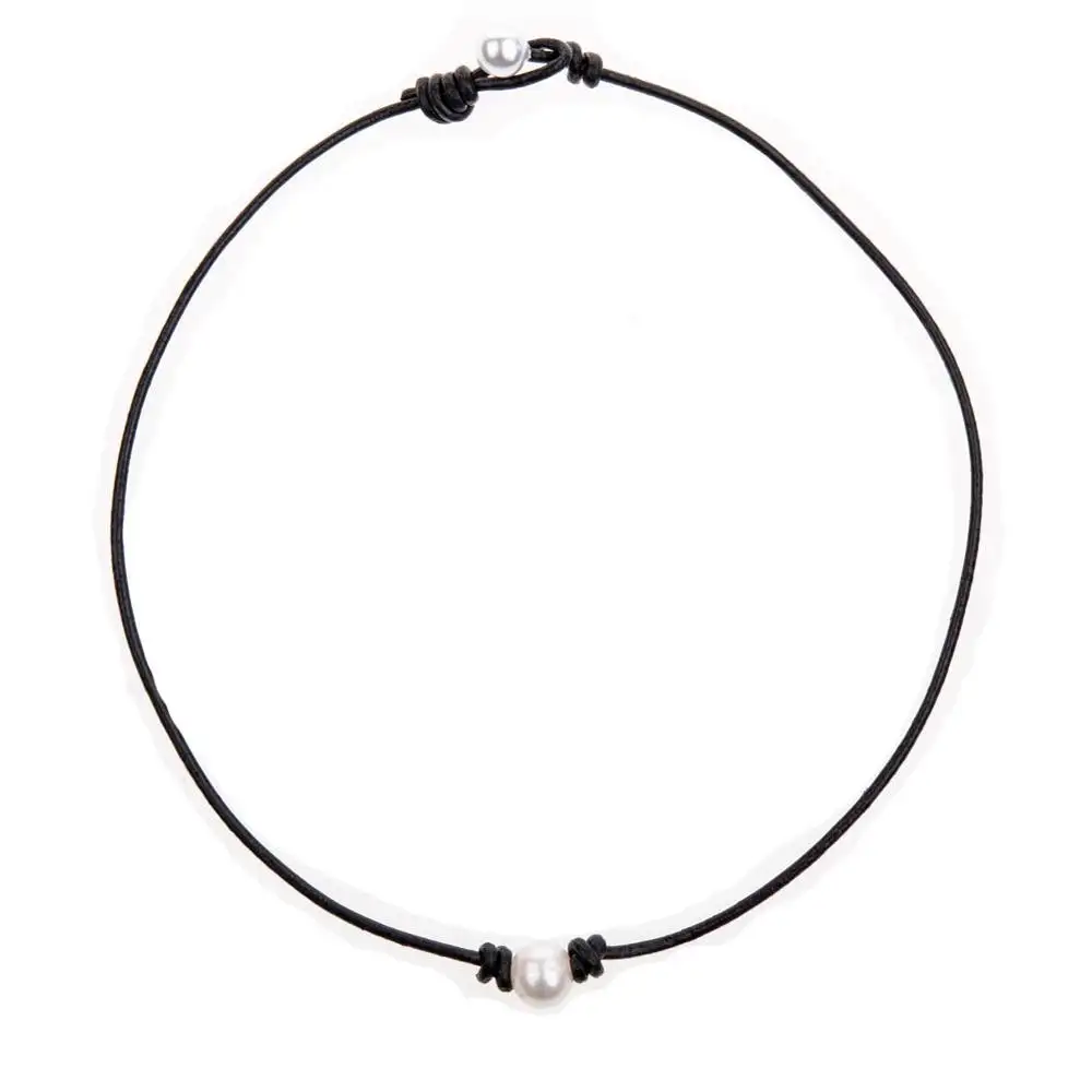 Singolo Coltivate D'acqua Dolce Naturale Della Perla Della Collana Del Choker per Le Donne Vera Pelle nera collare Gioielli Fatti A Mano 16 pollici