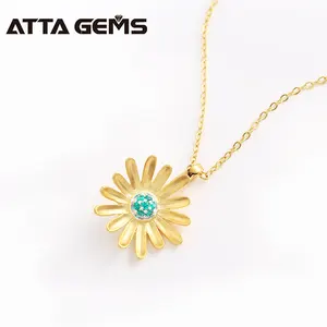 Lovely Summer 925 Silver Plated Gold Pave Setting Green Emerald Pendant Necklace Flower Design Jewelry For Women Gifts
