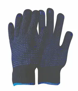 Navy cotton knitted pvc dots work hand gloves double palm