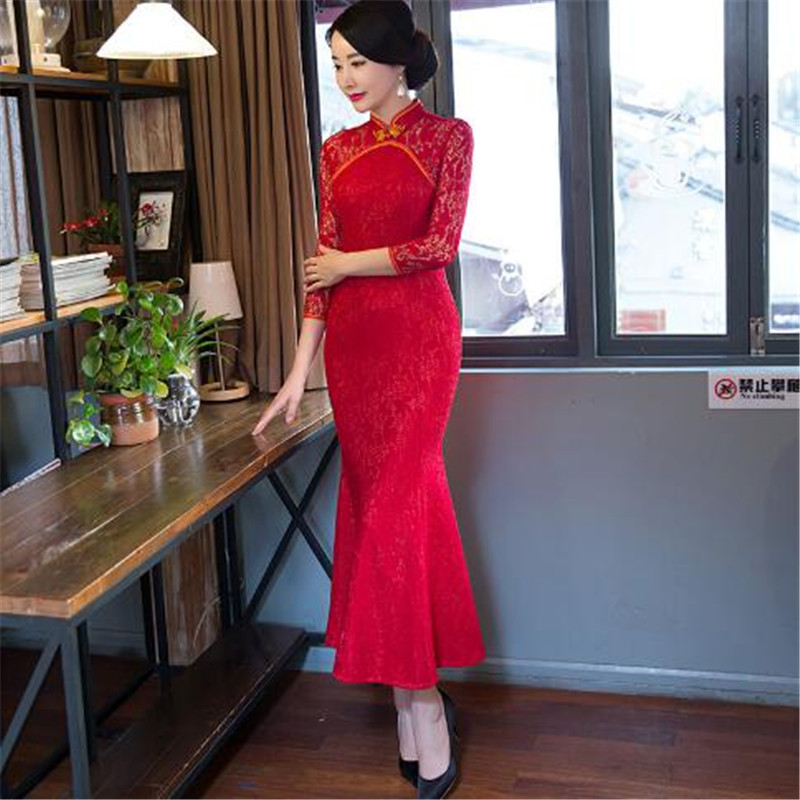 Elegant 2018 Chinese Qipao Dress - Red Lace Fishtail Cheongsam Elegant 2018 Chinese Qipao Dress - Red Lace Fishtail Cheongsam