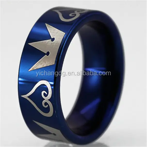 Top Quality Kingdom Hearts & Crowns Design Blue Pipe Tungsten Ring Comfort Fit Design His or Her Wedding Ring Promise Ring