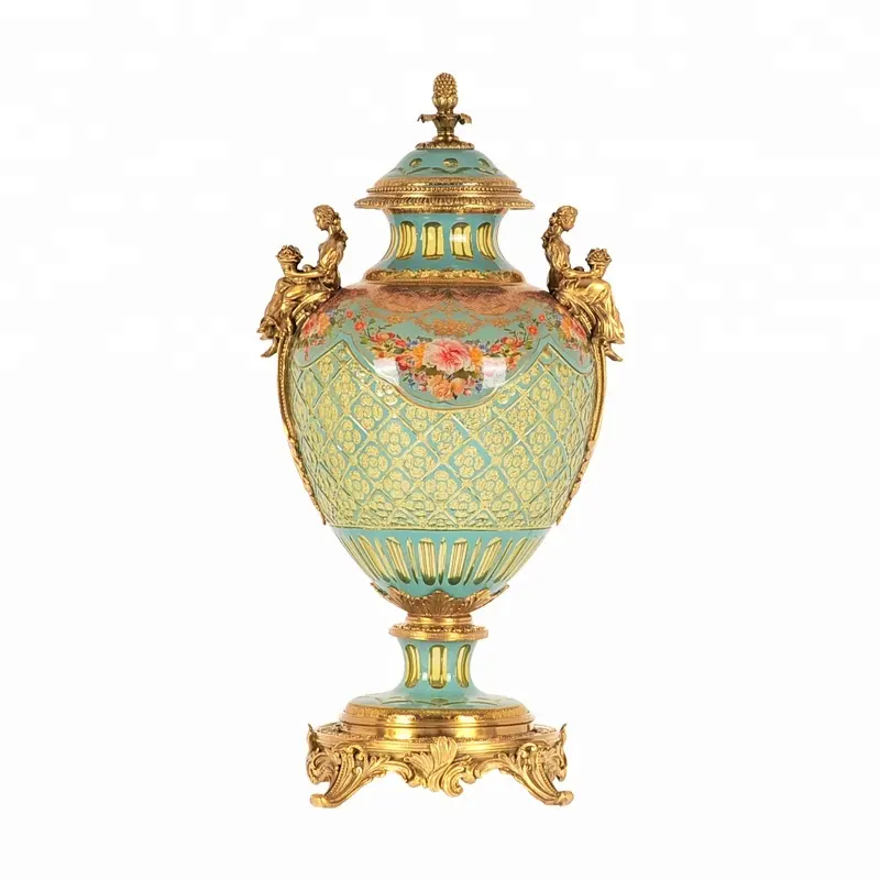 Mooie Royal Home Decoratieve Vaas Luxe Messing met gekleurde Kristallen Vaas decoratieve porselein met messing bloem