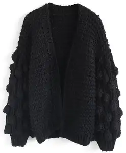 Custom Ladies Black Oversize Slouchy Knit Pom Pom Long Sleeve Sweaters Cardigan