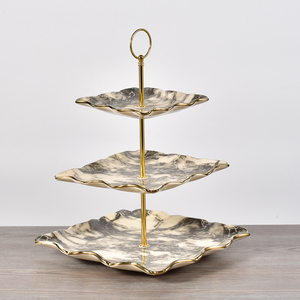 Unique 3 Tier Hotel Restaurant Used Ceramic Dessert Plate / Party Wedding Decoration Black <strong>Marble</strong> <strong>Cake</strong> <strong>Stand</strong> with Gold Rim - Product Image 4