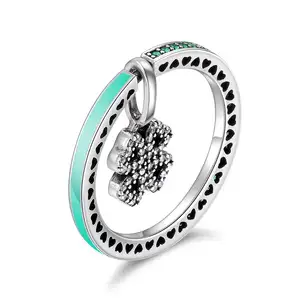 BAGREER SCR130 new arrival four leaves clover blue &green cz diamond ring 925 silver finger ring for women jewelry girls