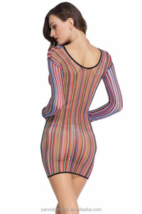 Egzotik gökkuşağı pijama Babydoll kadın yatak odası iç çamaşırı uzun kollu Sheer şerit Fishnet Chemise Zigzag desen E22562 - Product Image 4