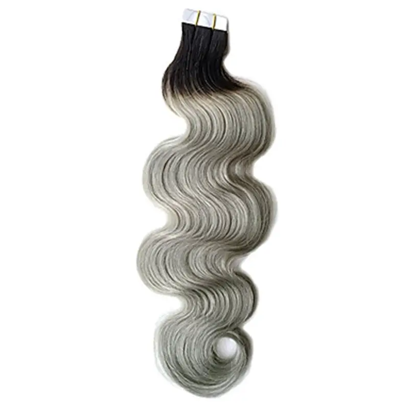 Platte Inslag tape Hair Extensions Dubbel Getrokken Ombre 1b/zilver menselijk haar body wave stijl