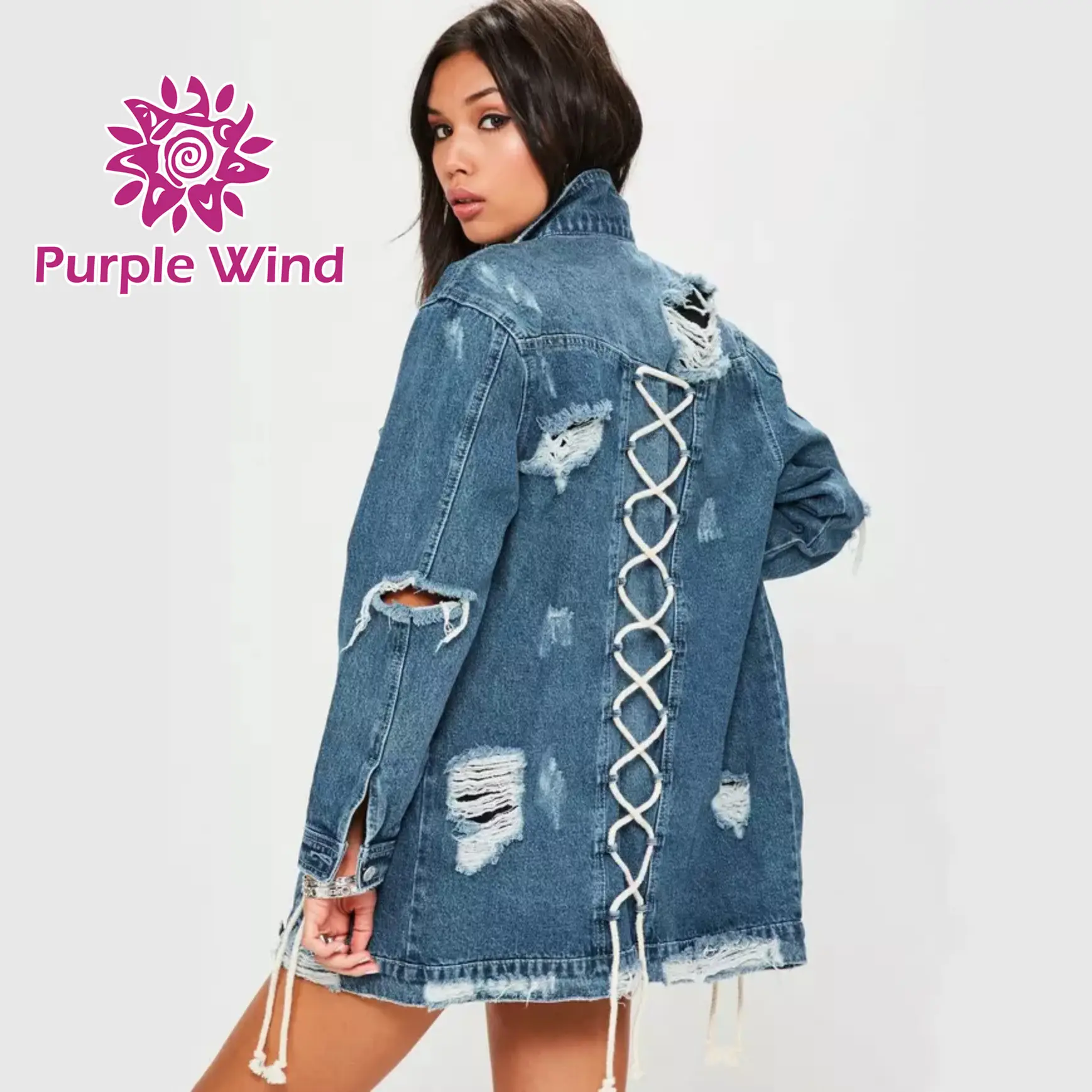 2019 mid-blue denim ripped long jean jacket women
