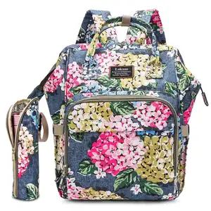 Lokass gran moda floral huellas bebé pañal bolsa mochila para mamá viajar con almohadilla de cambio
