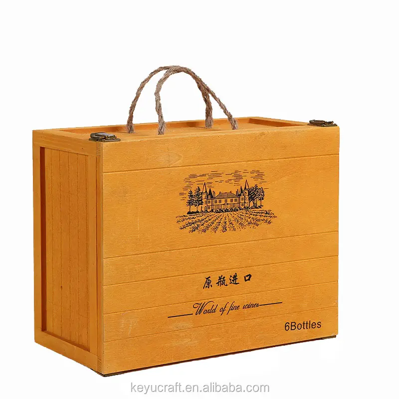 6本のワインボトル用の木製の箱無垢の木製の箱シルクスクリーンのロゴが付いた色のニスが付いた木製の包装箱