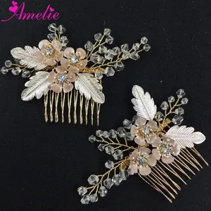 Enamel Leaf with Flower Decoration Crystal Wedding Hair Comb Set Bride Prom Dress Accessories