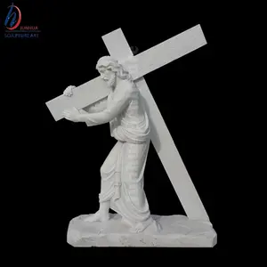 A Grandezza naturale di Marmo Bianco Religiosa Gesù Cristo Tenere Croce Statua Scultura