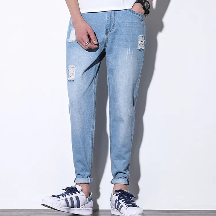 Dongguan Factory Oem Custom Men Skinny Plus Size Jeans Trousers Blue Distressed Jeans Ripped Jeans