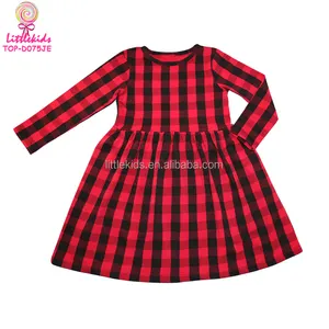 儿童衣服幼儿黑色和红色格子连衣裙女婴长袖水牛格子连衣裙批发