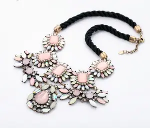 xl00255 BlingBling Light Cute Pink Necklace For Girls, Black Rope Vintage Statement Necklace