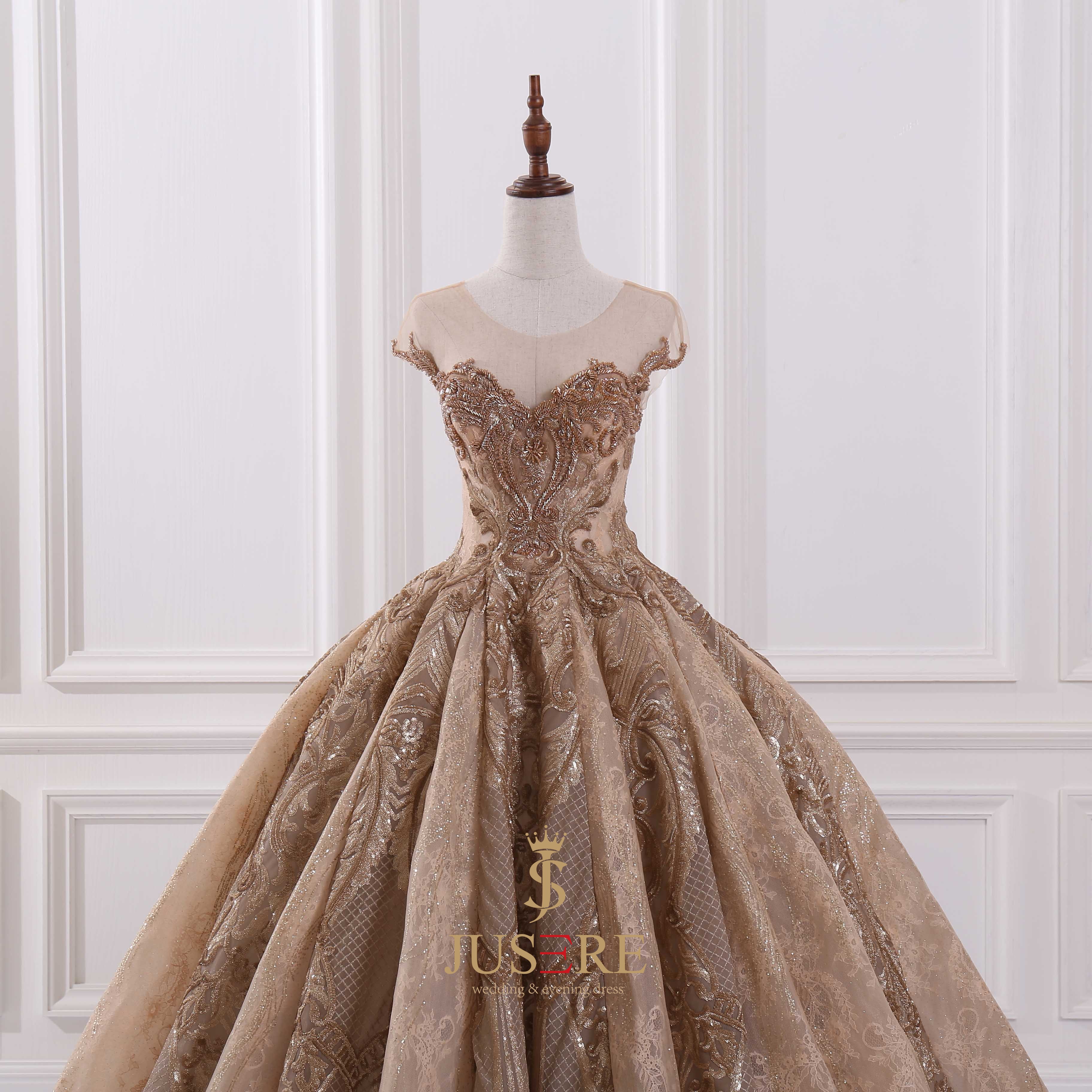 JUSERE Wedding Dresses - Vintage Style Gold Lace Embroidery