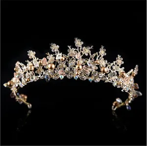 Fashion New Gold Hair Accessories Queen Princess Bridal Tiaras Crown Pearl Rhinestone Wedding Women Hairband