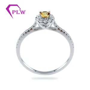 4mm 중심 shank 이에 포장되는 moissanite 돌을 가진 노란 사파이어 돌 18k 화이트 골드 후광 반지