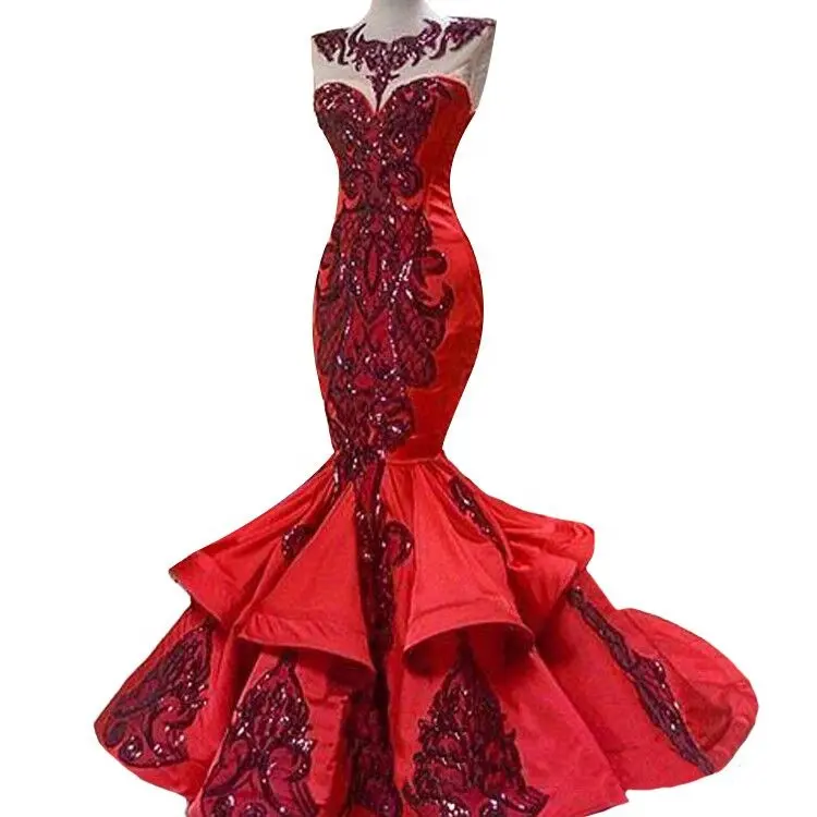 Red Luxury Applique Ruffles Mermaid Prom Dresses Shiny Sequins Jewel Sheer Neck Fishtail Occasion Evening Pageant Gowns