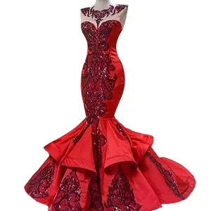 אדום יוקרה Applique ראפלס בת ים שמלות נשף מבריק פאייטים תכשיט Sheer צוואר Fishtail אירוע ערב תחרות שמלות