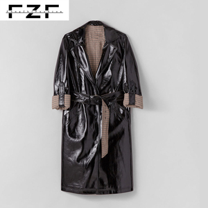 Lunghezza Del ginocchio Lucidi Lunghi Delle Signore di Trincea di Cuoio del Cappotto - Product Image 3