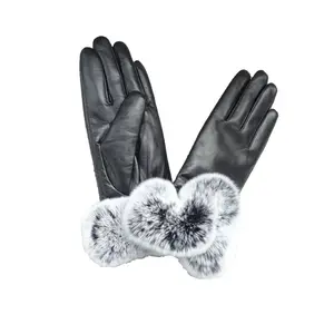 Fashion lady sheepskin leather glove Autumn Winter Warm Rabbit Fur Mitten Women Elegant Black Real Leather Glove Match Dress