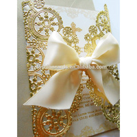 Carte d'invitation de mariage en métal doré personnalisée de luxe de qualité supérieure avec noeud de ruban