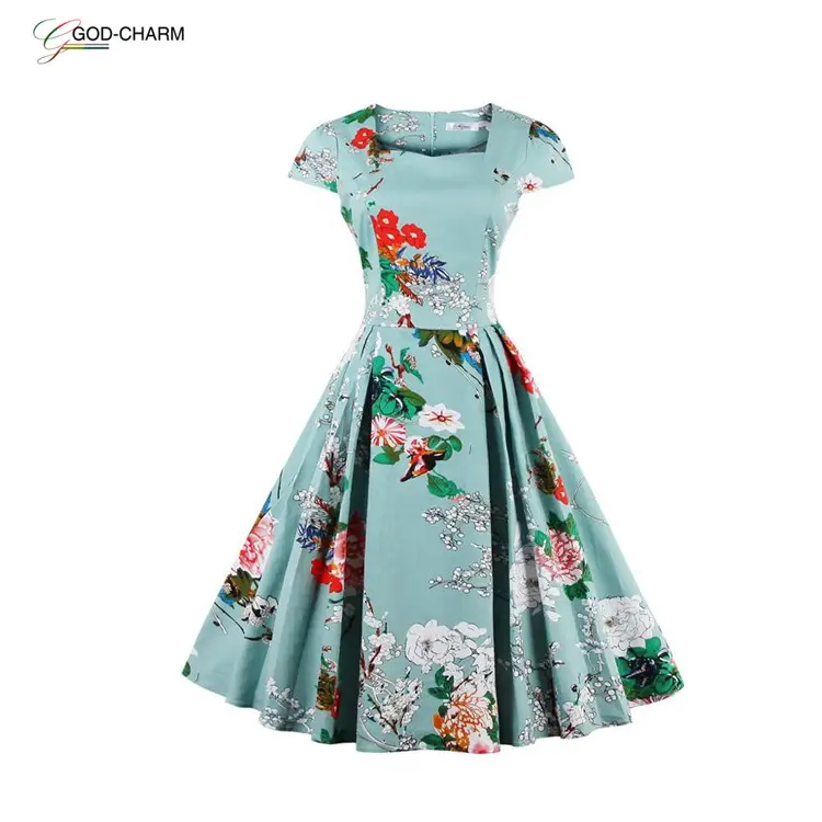 *GC-66870386 2022 new arrivals Wholesale High quality square collar Floral print cotton green short sleeve dress