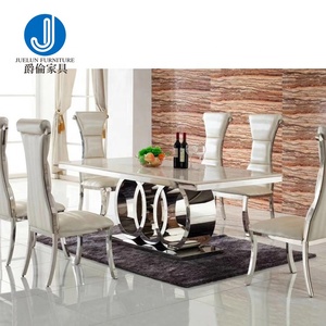Mesa de comedor de acero inoxidable, moderna, de lujo, con mármol blanco y plateado - Product Image 1