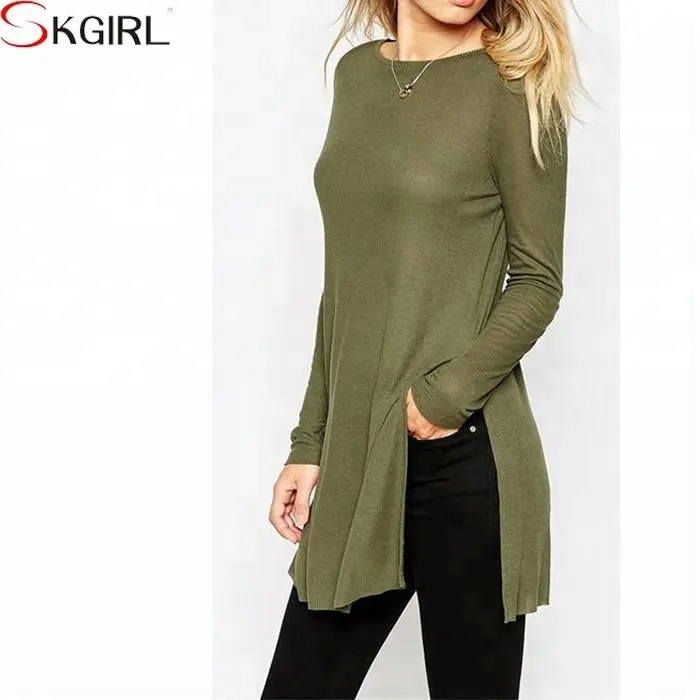 3/4 kollu boş temel katı jumper yan bölünmüş t-shirt tunik üst kadınlar için