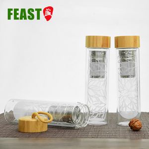 Botella de agua de vidrio para sublimación, tapa de bambú de borosilicato, doble pared, 400ml - Product Image 3
