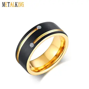 男士8毫米黑金碳化钨结婚戒指，立方氧化锆镶嵌双槽线