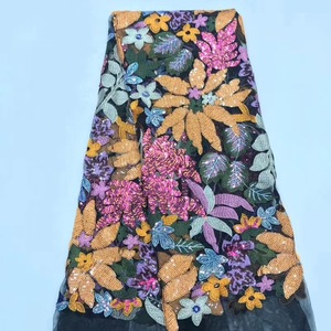 Telas de encaje de <span class=keywords><strong>lentejuelas</strong></span> de Nigeria de diseño de lujo, tela de encaje africano bordado con cuentas para Aso Ebi - Product Image 5