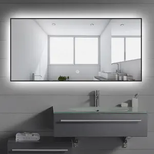 gương phòng tắm màu đen trắng Suppliers-Trang Trí Tường Treo Nhôm Hình Chữ Nhật Led Gương Với Khung Với Đồng Hồ Cho Phòng Tắm