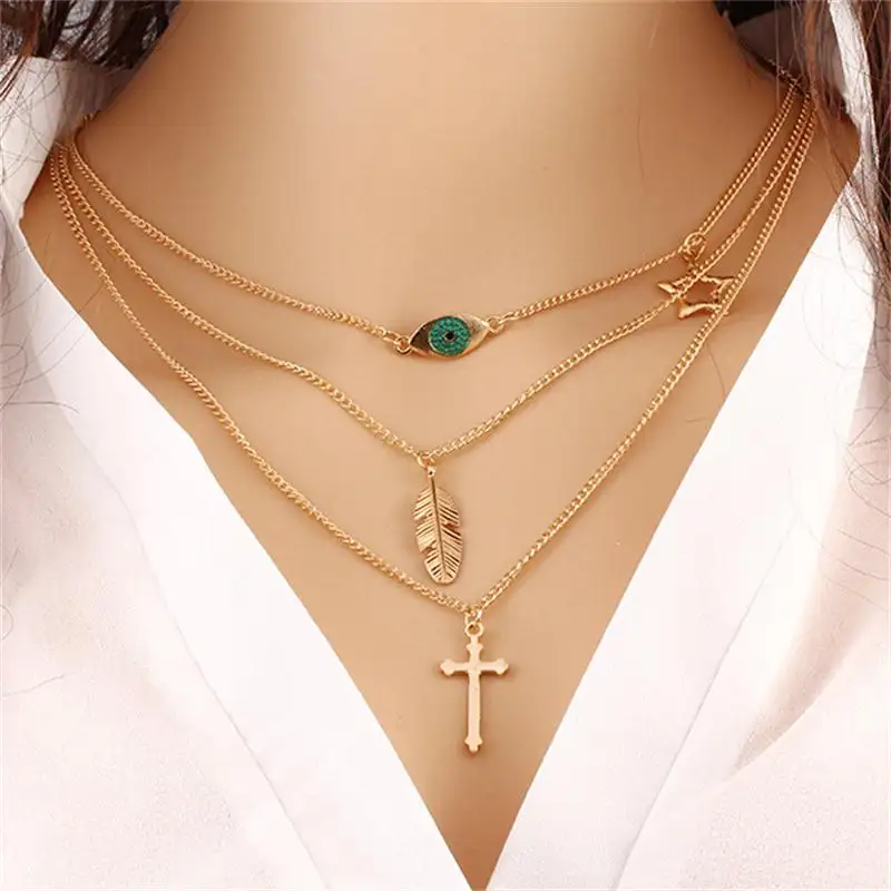 Fashion Eye Leaves Simple Multi-layer Metal Clothes Accessories Cross Collarbone Chain necklace