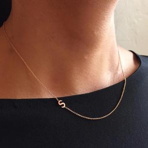 Stainless Steel Minimalistic Jewelry Personalized Bridesmaid Gifts Gold <strong>Sideways</strong> Asymmetrical <strong>Initial</strong> <strong>Necklace</strong> - Product Image 4