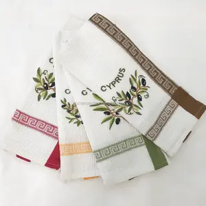 yarn dyed tea/kitchen towel with olive embroidery for tourist souvenir