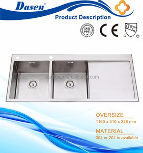Silver color hand built double bowl drainboard trough sink Foshan factory - Product Image 2