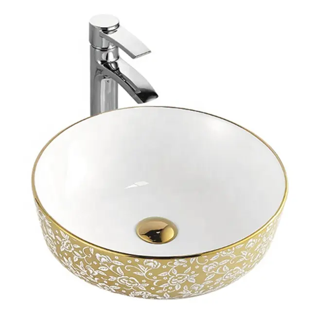 Factory Direct Ceramic Kitchen & Laundry Sink, Gold and White Hand Printed Ceramic Sink sink Lavobo lavatory