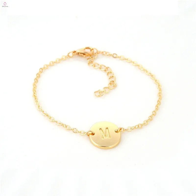 Pulsera de disco redondo personalizable, con letras del alfabeto personalizadas, moneda de oro de la suerte, abalorio de moda