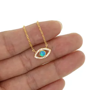 high quality factory wholesale 925 sterling silver turkish lucky eye pendant charm necklace paved cz blue opal