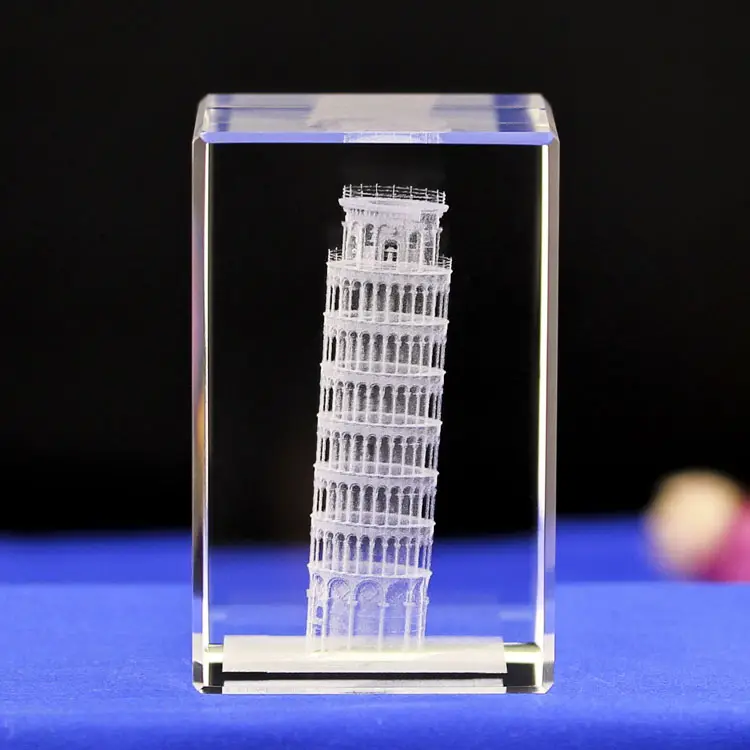 Torre Inclinada de cristal 3d, torre de construcción italiana, 3d cubo de cristal grabado con láser, regalos de recuerdo de cristal