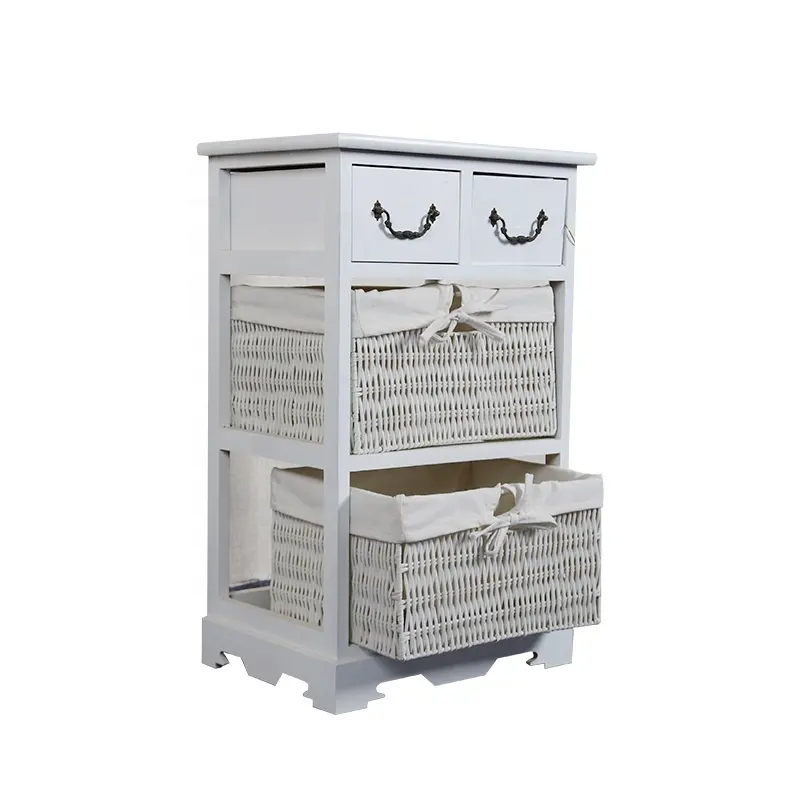 Factory Wholesale White Country Style Living Room Customized Solid Wood Cabinet with Two Drawer Baskets