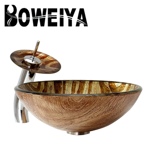 Rubinetto Classico <span class=keywords><strong>Rotondo</strong></span> con Motivo Zebrato Dorato, <span class=keywords><strong>Lavabo</strong></span> in Vetro per Bagno con Acqua Calda e Fredda, Lavandino Artistico - Product Image 2