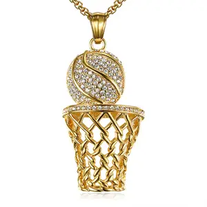 Fashion Sporty Style Stainless Steel Rhinestone Long Necklace Chain Basketball Pendant Men