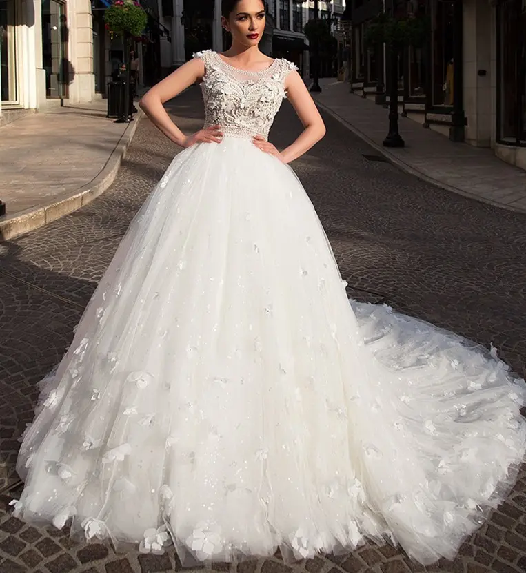 Brand style off-shoulder beading wedding gown bridal long trailing wedding dress