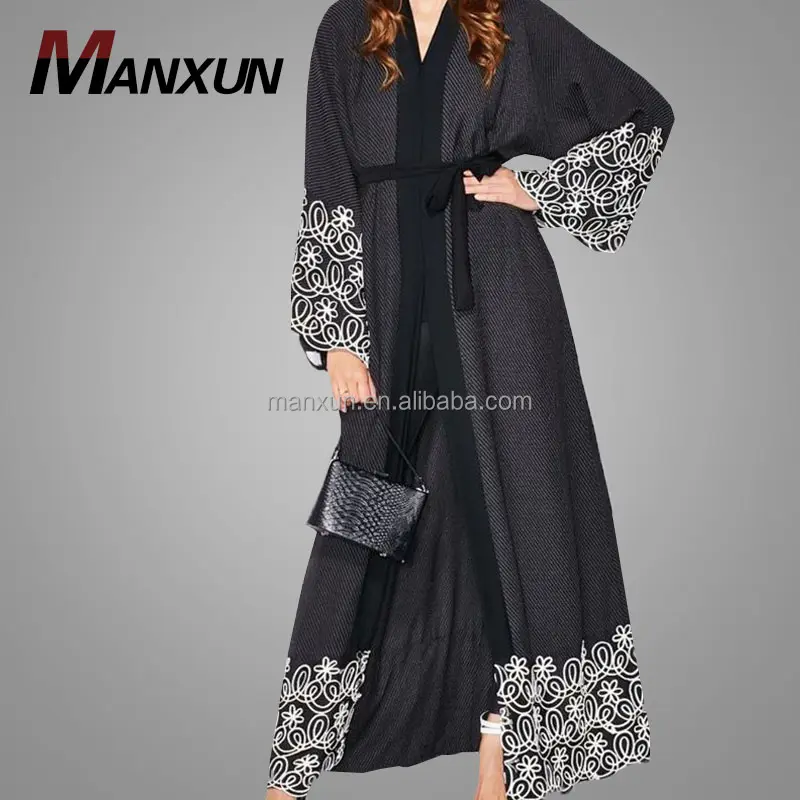 Wholesale Fashion Design Muslim Open Front Abaya Lace Bottom Cardigan Middle East Region Black Kimono